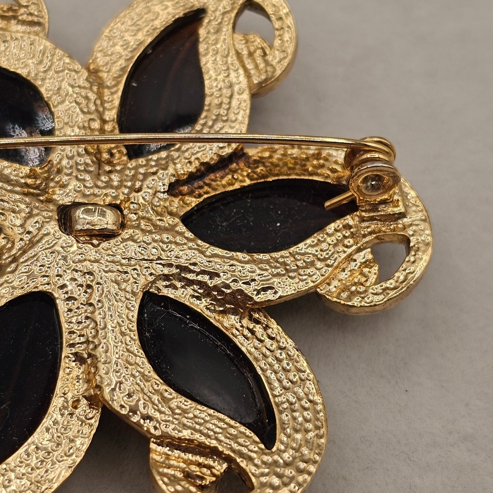 Floral Brooch 2pc Rhinestone Gold Tone Brown Rootbeer Lucite Lot Pins Autumn - Picture 10 of 10